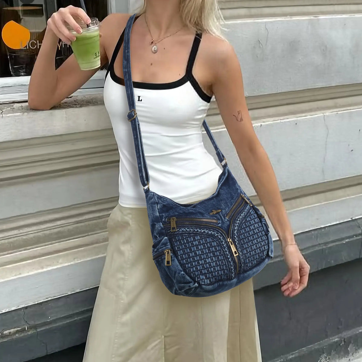 Textured Denim Crescent Shoulder Bag