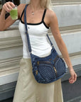 Textured Denim Crescent Shoulder Bag