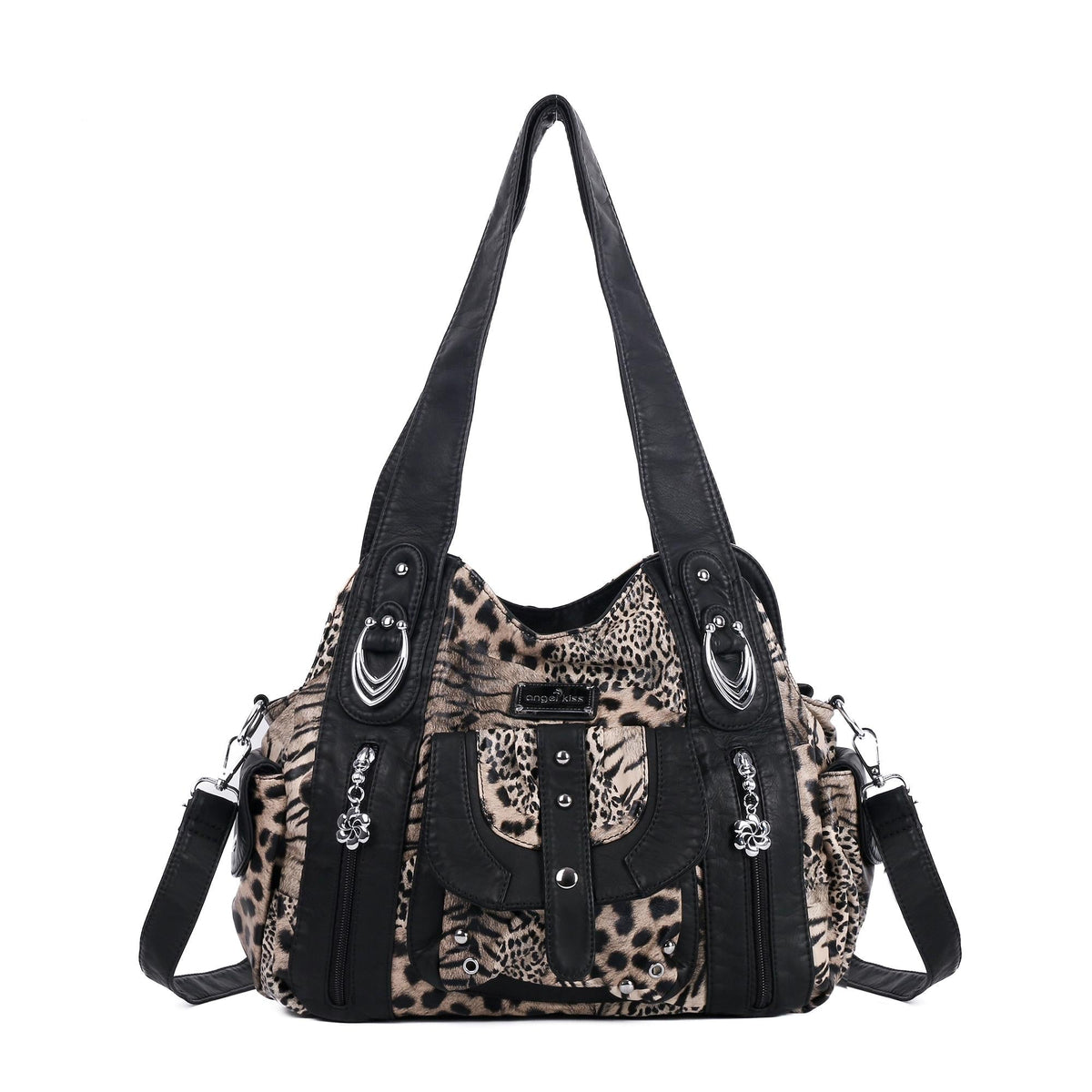 Leopard Rock-Chic Studded Hobo Shoulder Bag