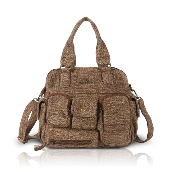 Washed Denim Multi-Pocket Satchel Bag