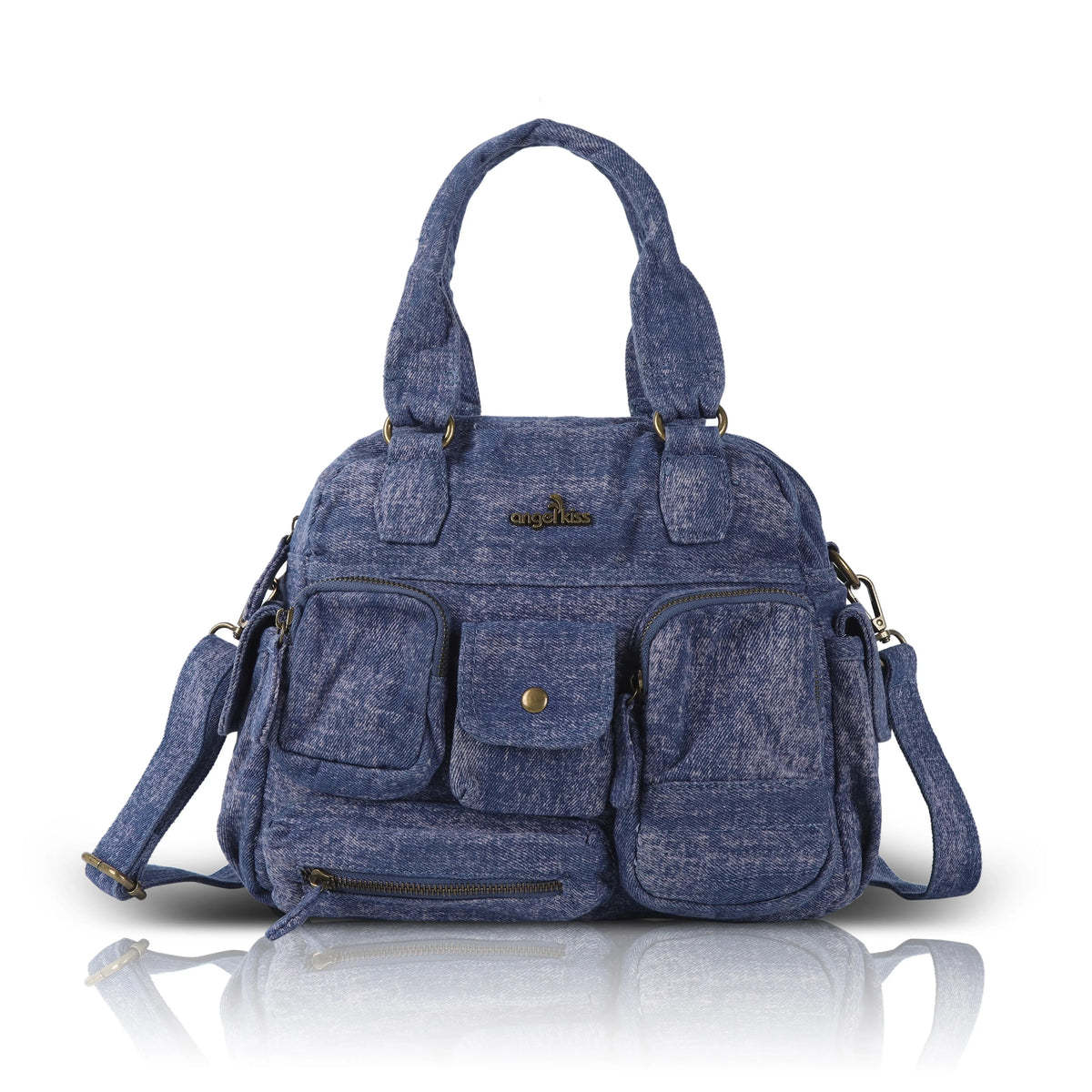Washed Denim Multi-Pocket Satchel Bag