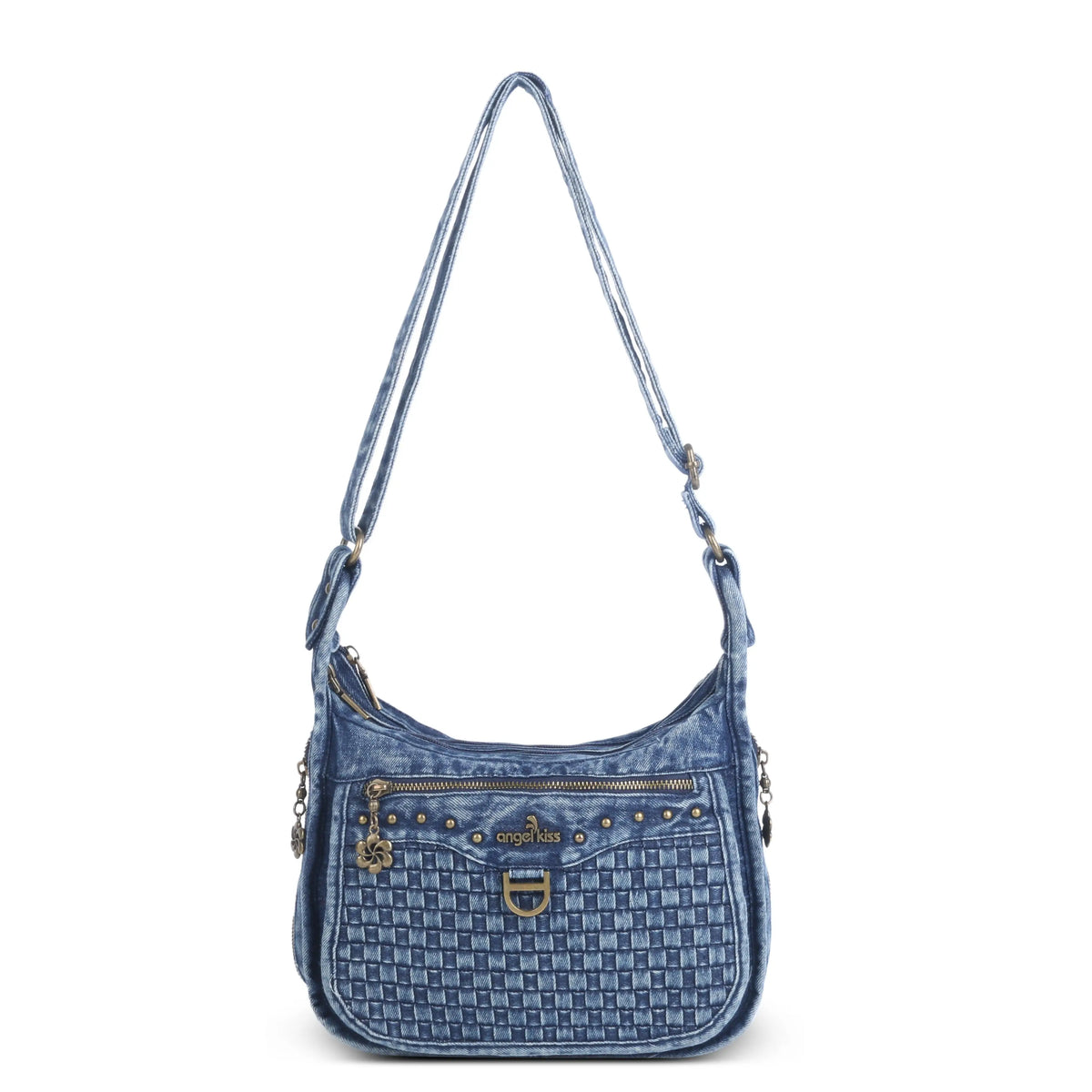 Textured Denim Crescent Shoulder Bag