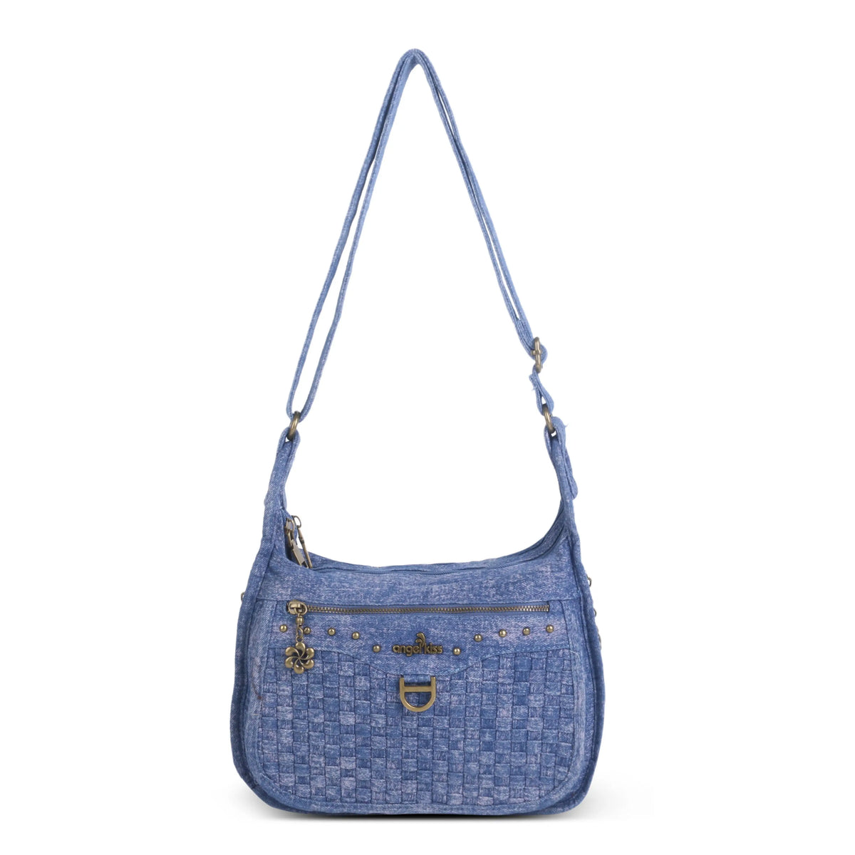 Textured Denim Crescent Shoulder Bag