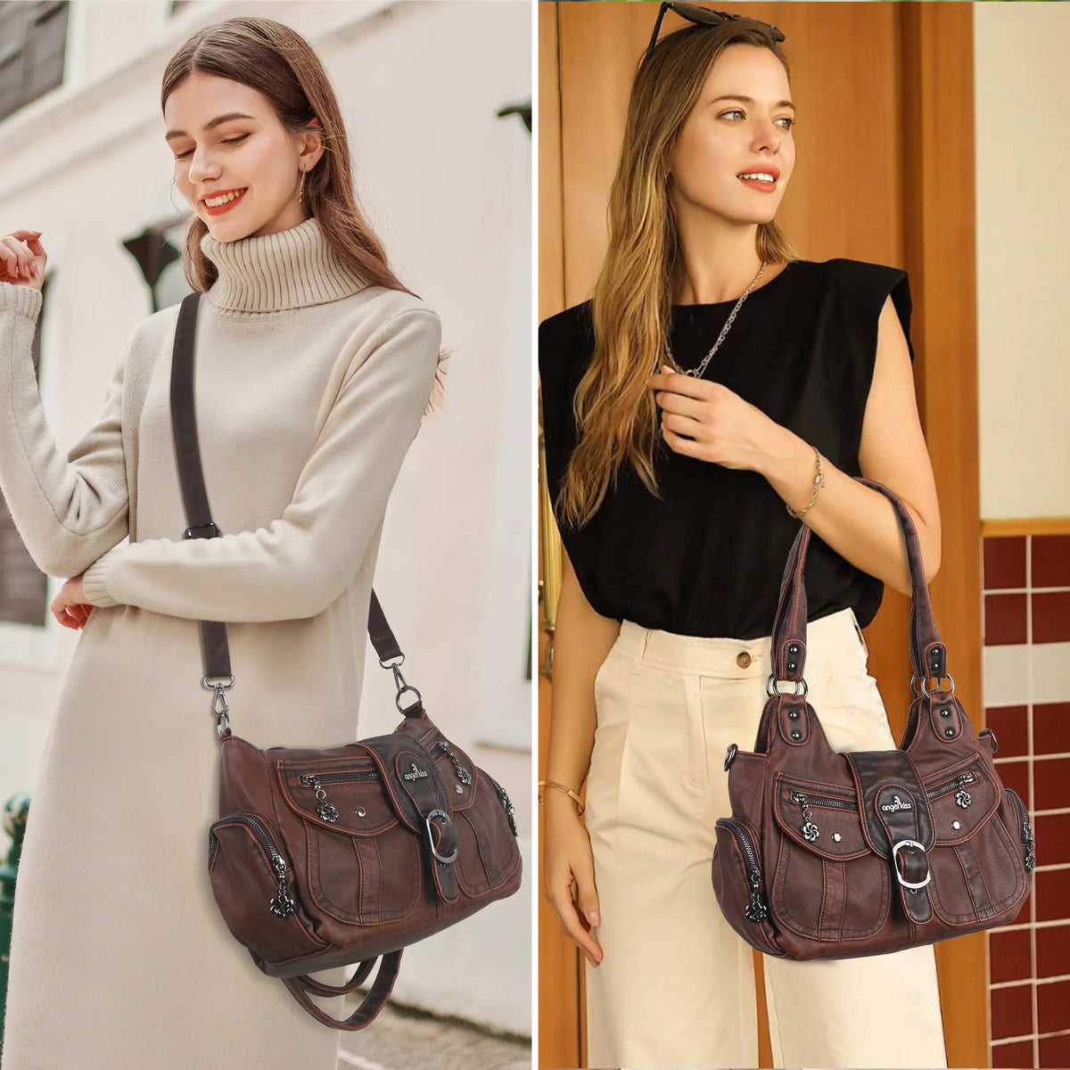 Y2K Washed Multi-Pocket Crescent Hobo Bag