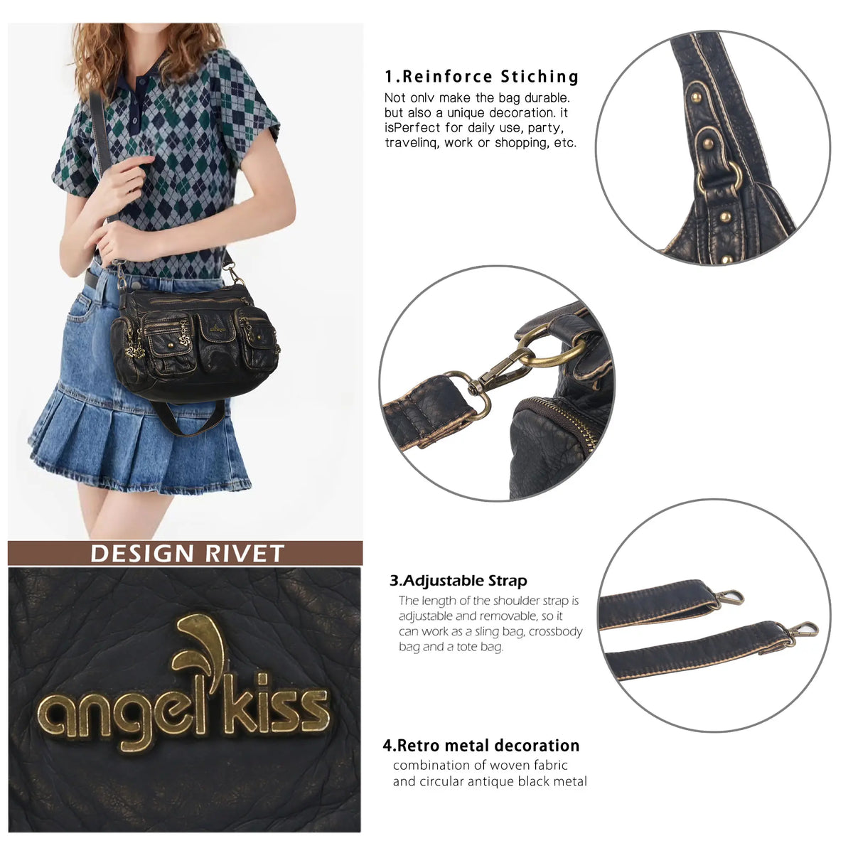 Retro Utility Multi-Pocket PU Leather Crossbody Bag