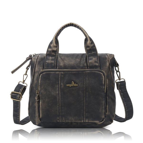Vintage Washed PU Front-Pocket Satchel Bag