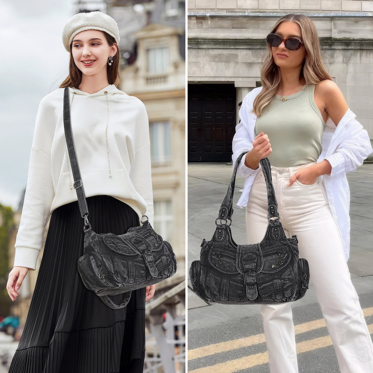 Women's Vintage Denim Multi-compartment High Capacity Hobo Bag | Angel Kiss Bag-Angelkiss Bag