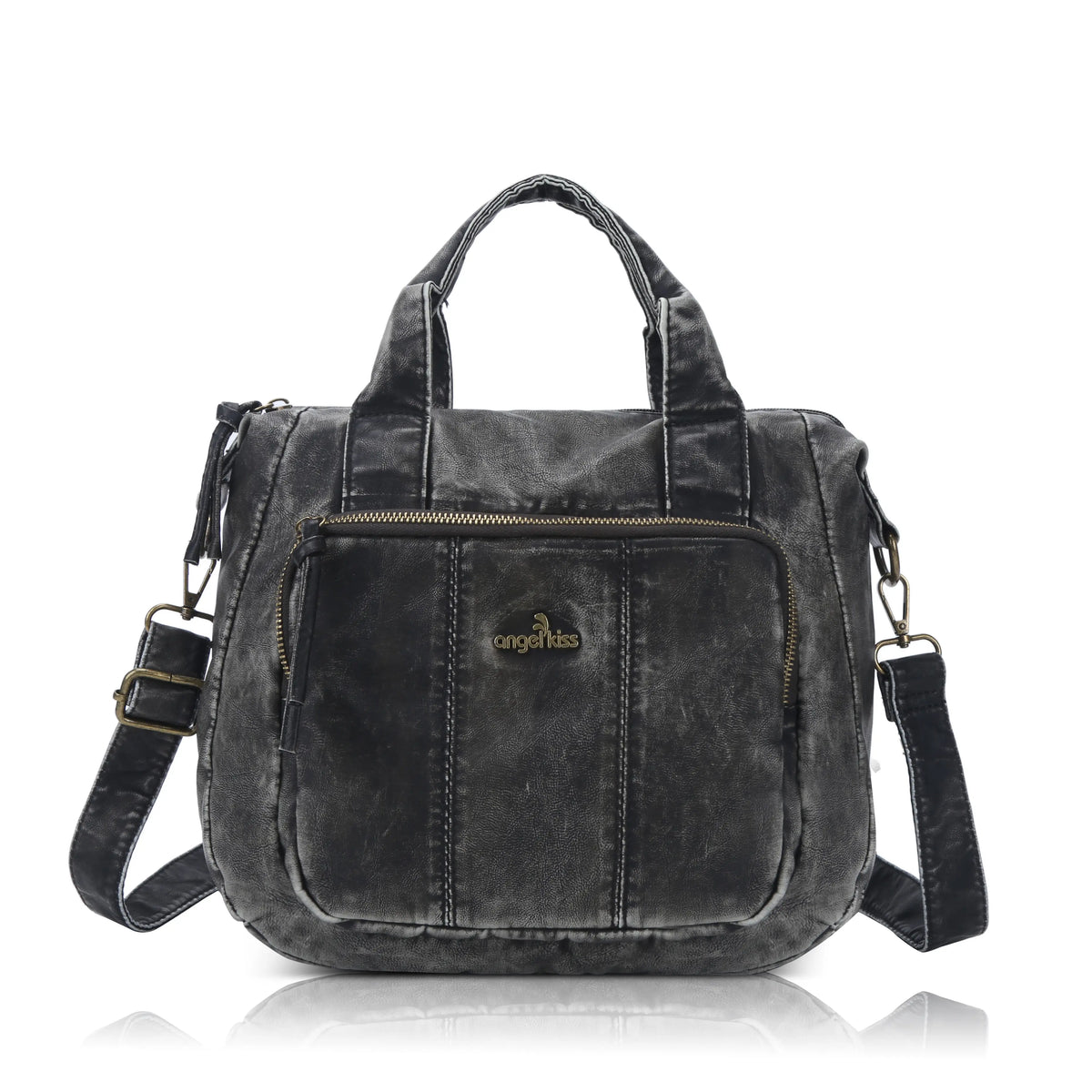 Vintage Washed PU Front-Pocket Satchel Bag