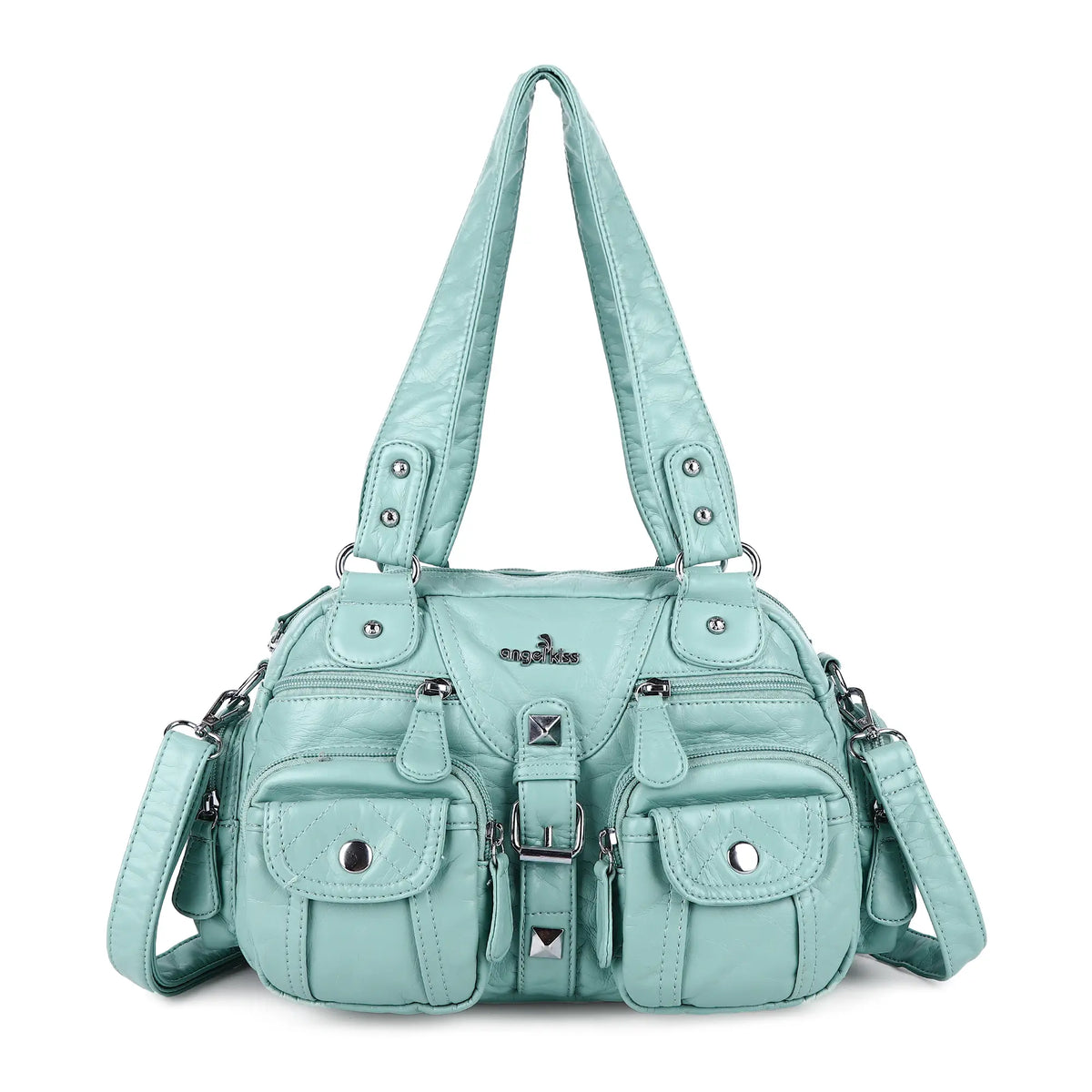 Biker-Style Multi-Pocket Shoulder Bag with Animal-Print Panels