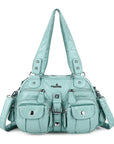 Biker-Style Multi-Pocket Shoulder Bag with Animal-Print Panels