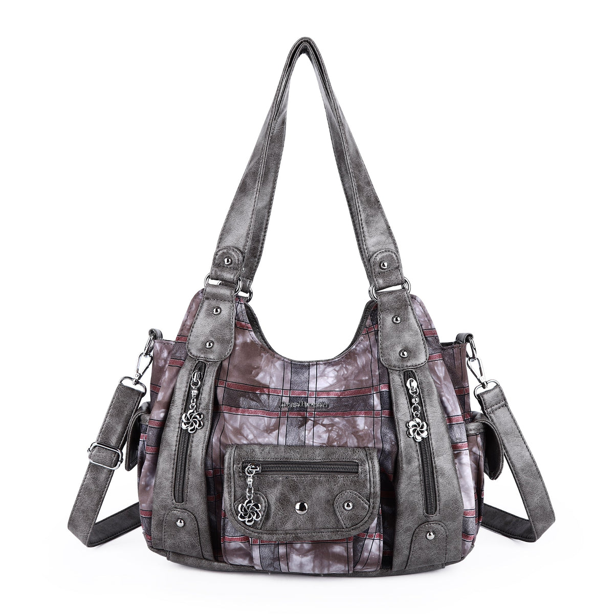 Plaid vintage wash PU leather women's shoulder bag tote bag-Angelkiss Bag