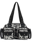 Biker-Style Multi-Pocket Shoulder Bag with Animal-Print Panels