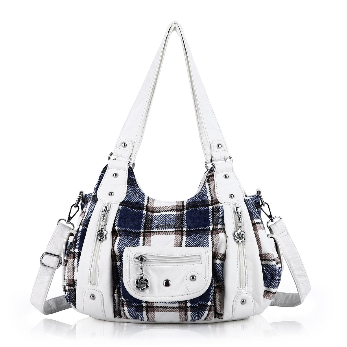 Plaid vintage wash PU leather women's shoulder bag tote bag-Angelkiss Bag