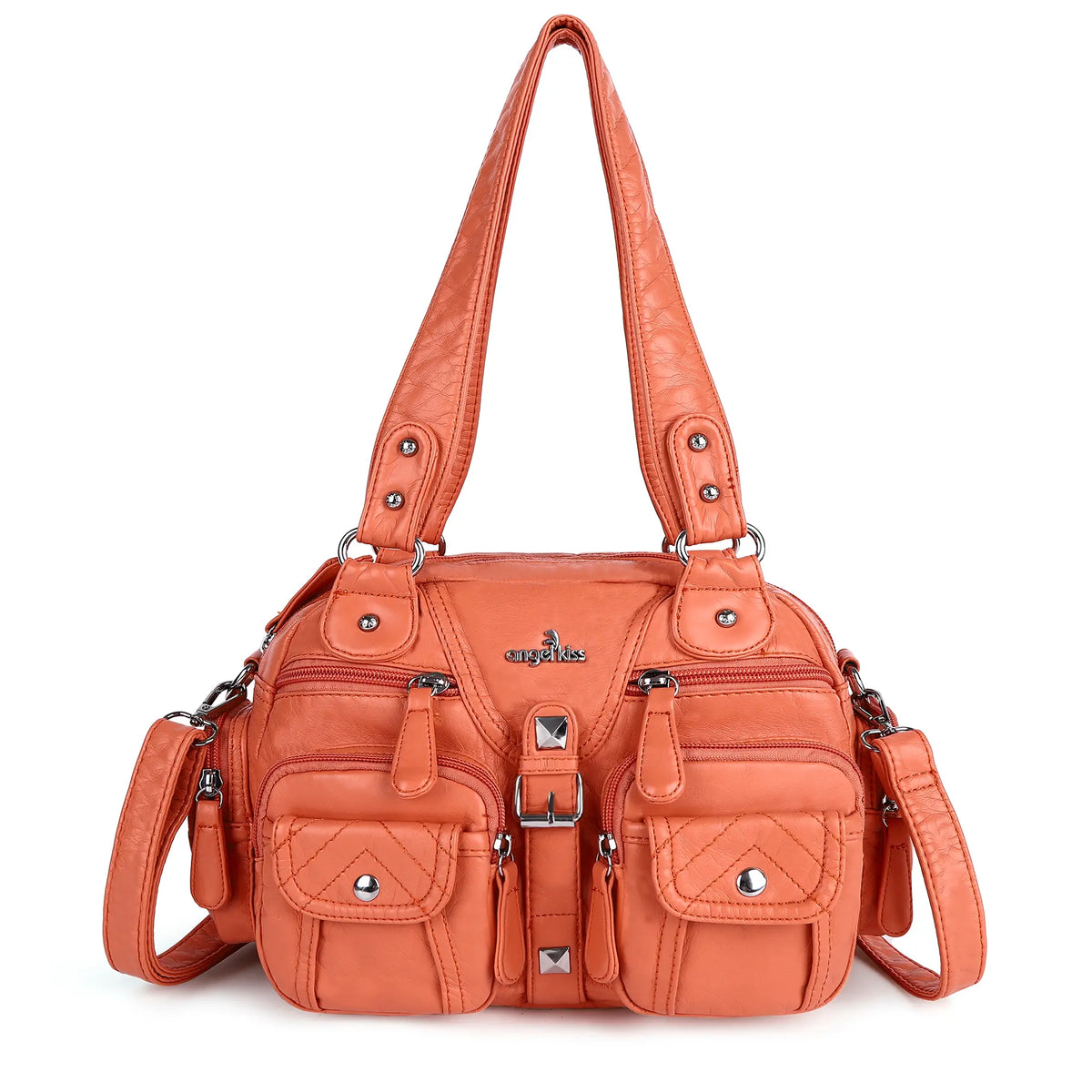 Biker-Style Multi-Pocket Shoulder Bag with Animal-Print Panels