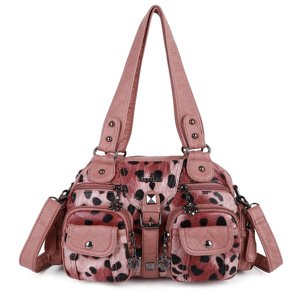 Biker-Style Multi-Pocket Shoulder Bag with Animal-Print Panels