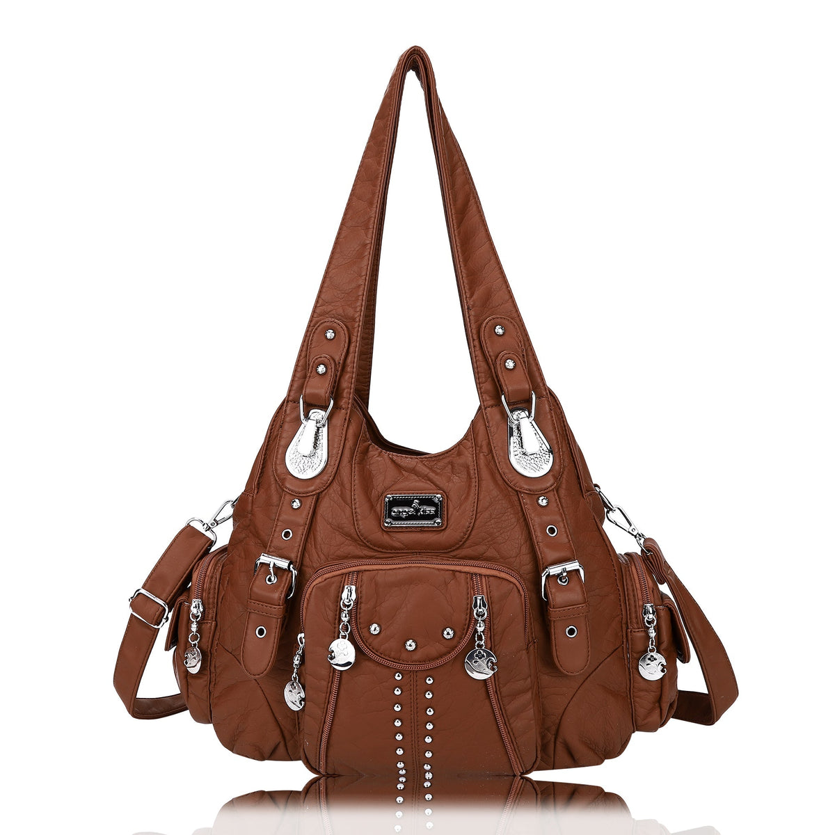 Women Shouder Handbag of Washed PU with Multi-pockets-Angelkiss Bag