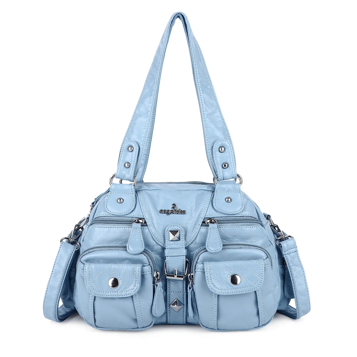 Biker-Style Multi-Pocket Shoulder Bag with Animal-Print Panels
