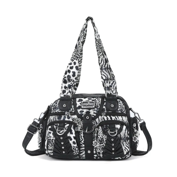 Rock-Chic Leopard Print Studded Multi-Pocket Shoulder Bag