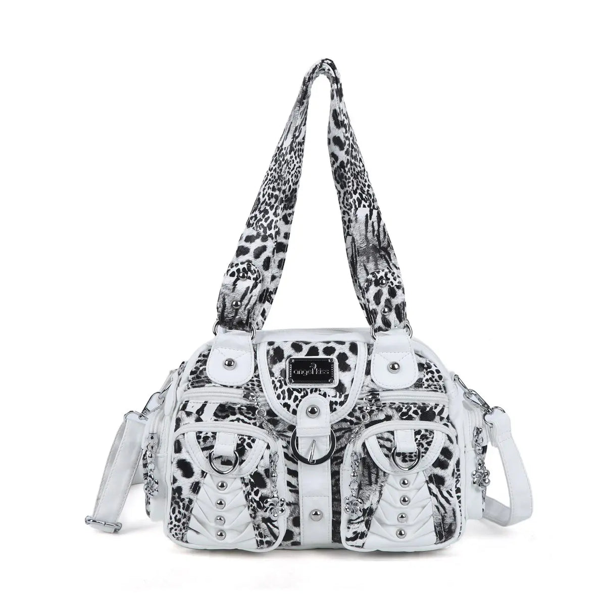 Rock-Chic Leopard Print Studded Multi-Pocket Shoulder Bag