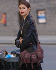 Biker Fringe-Detail Multi-Pocket Crescent Shoulder Bag