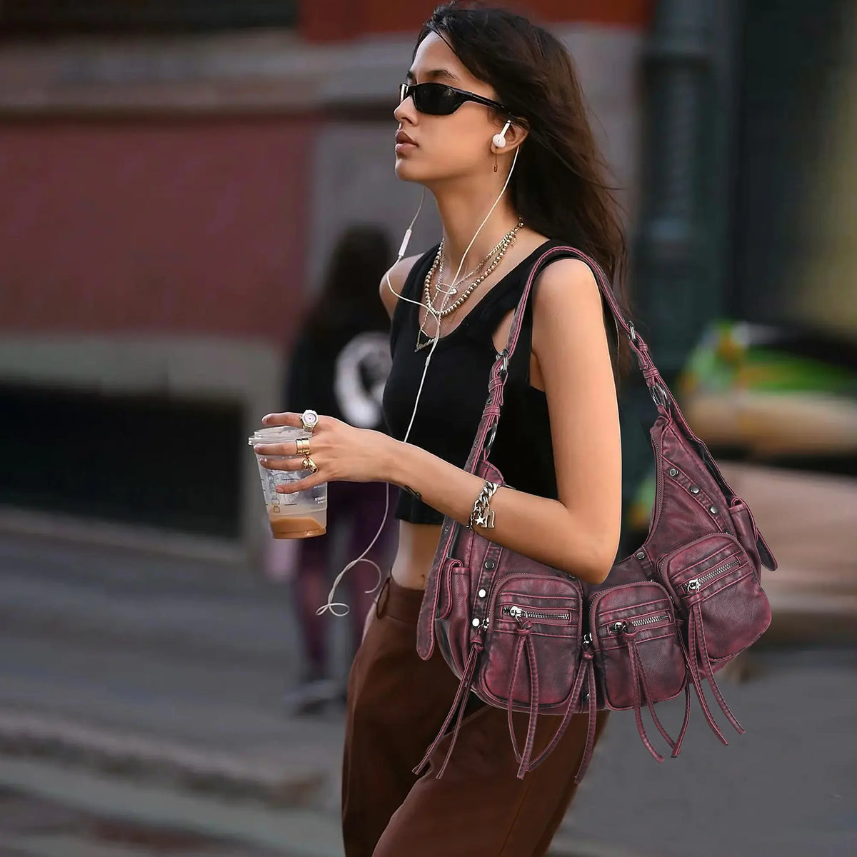 Biker Fringe-Detail Multi-Pocket Crescent Shoulder Bag