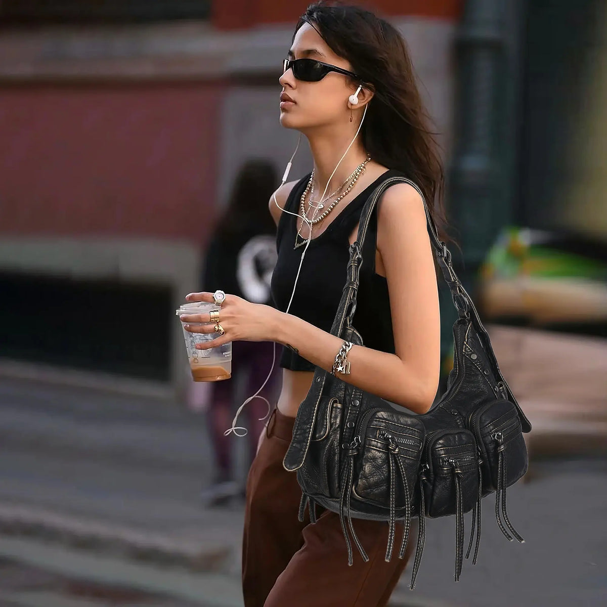 Biker Fringe-Detail Multi-Pocket Crescent Shoulder Bag
