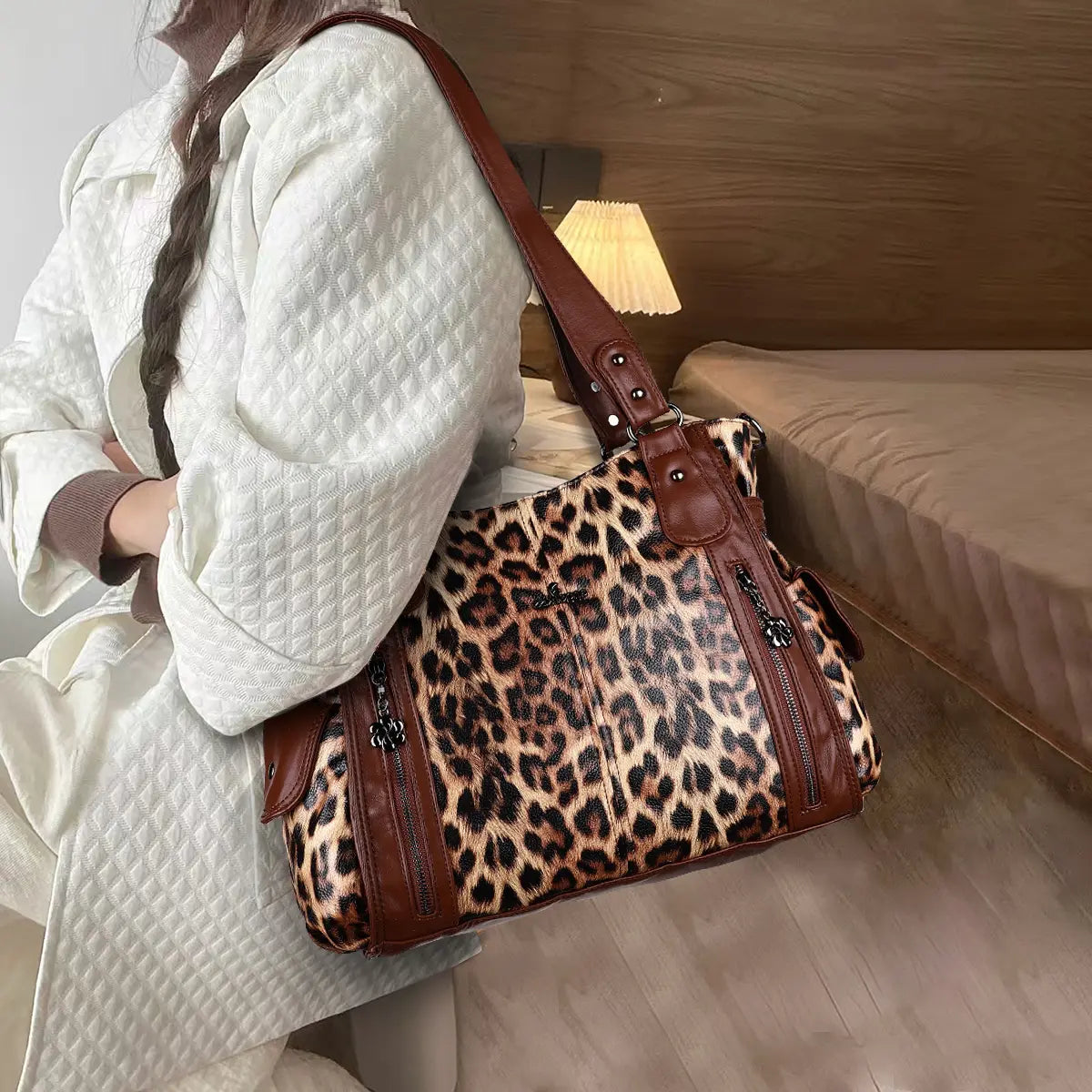 Leopard Print Shopper Shoulder Bag with Detachable Strap
