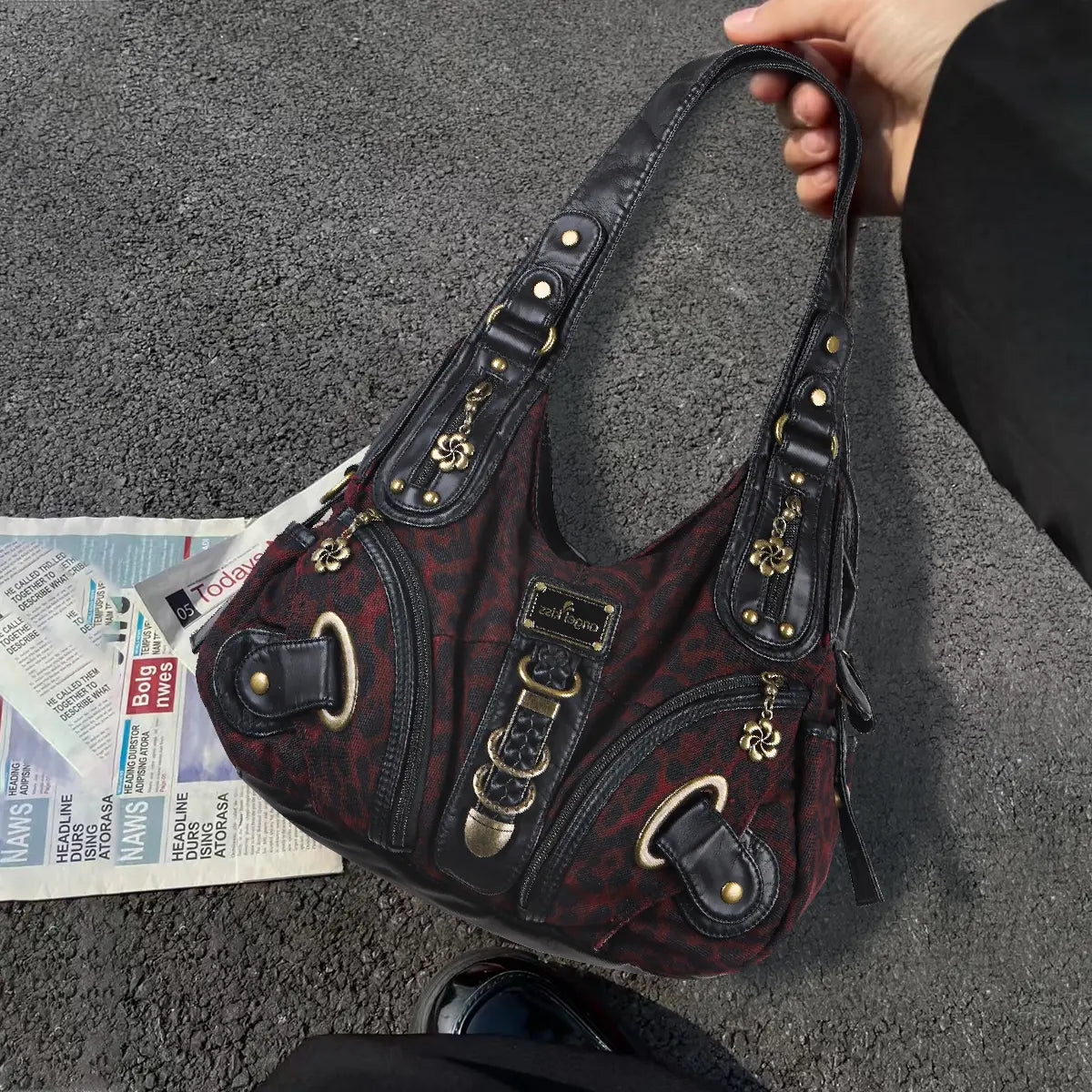Leopard Multi-Pocket Hobo Shoulder Bag