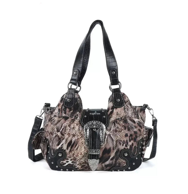 Leopard Patchwork Statement-Buckle Shoulder Bag