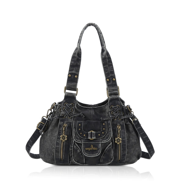 Washed Western Studded Shoulder Tote Bag with Lace-Up Detail
