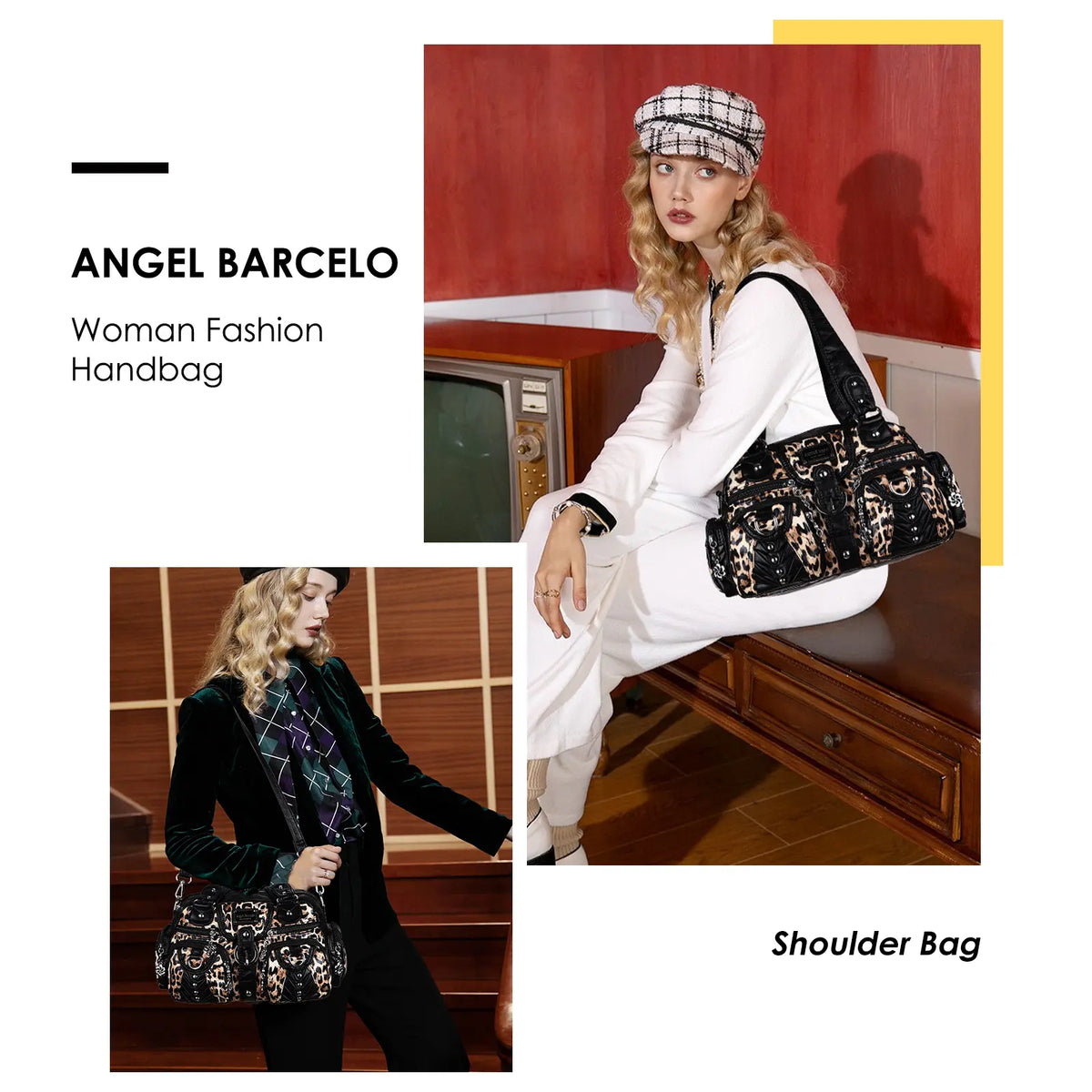 Rock-Chic Leopard Print Studded Multi-Pocket Shoulder Bag