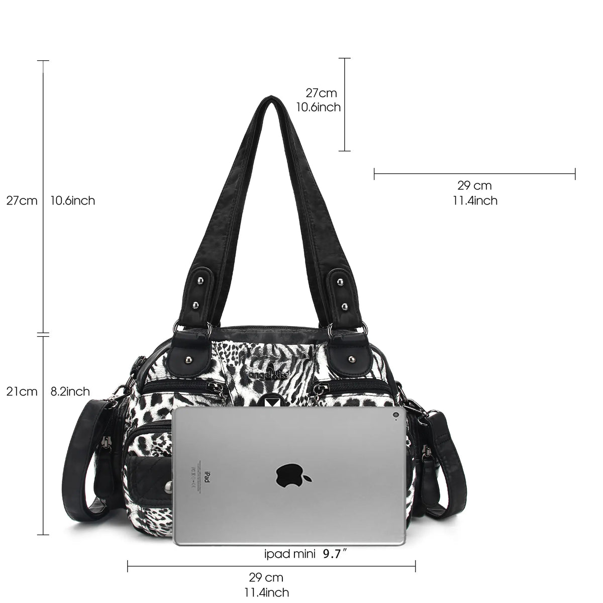 Biker-Style Multi-Pocket Shoulder Bag with Animal-Print Panels