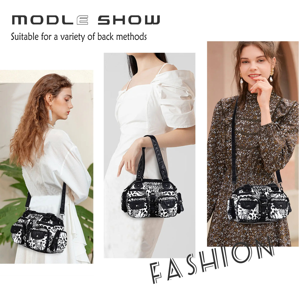 Biker-Style Multi-Pocket Shoulder Bag with Animal-Print Panels