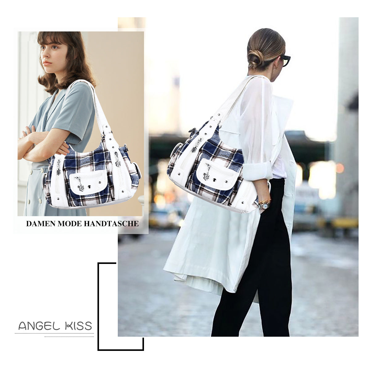 Plaid vintage wash PU leather women's shoulder bag tote bag-Angelkiss Bag