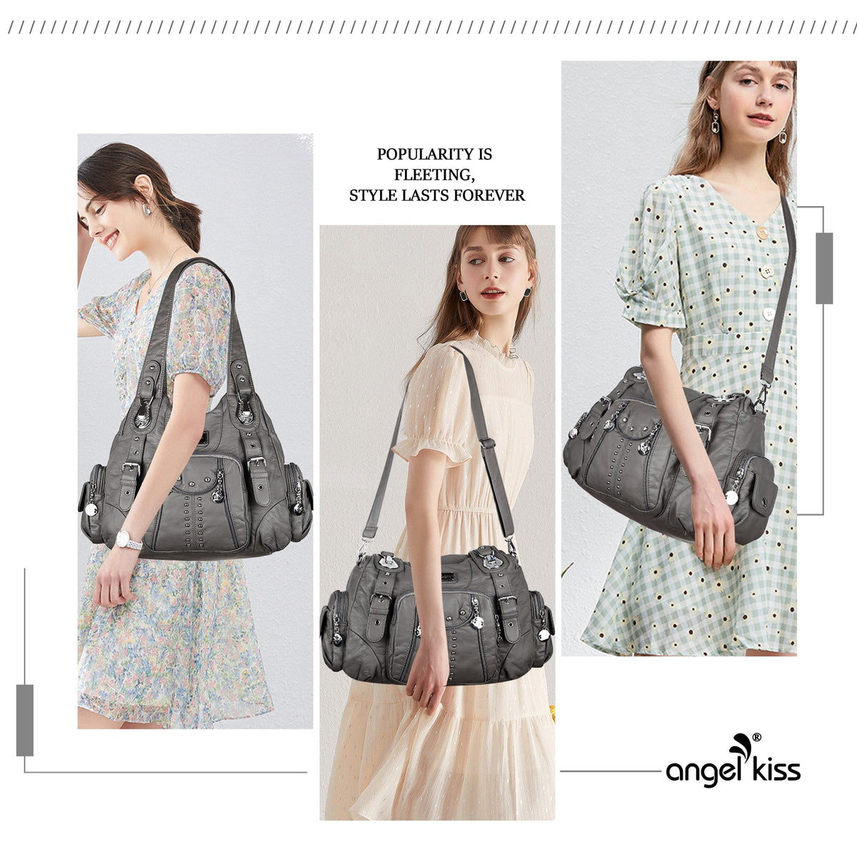 Women Shouder Handbag of Washed PU with Multi-pockets-Angelkiss Bag