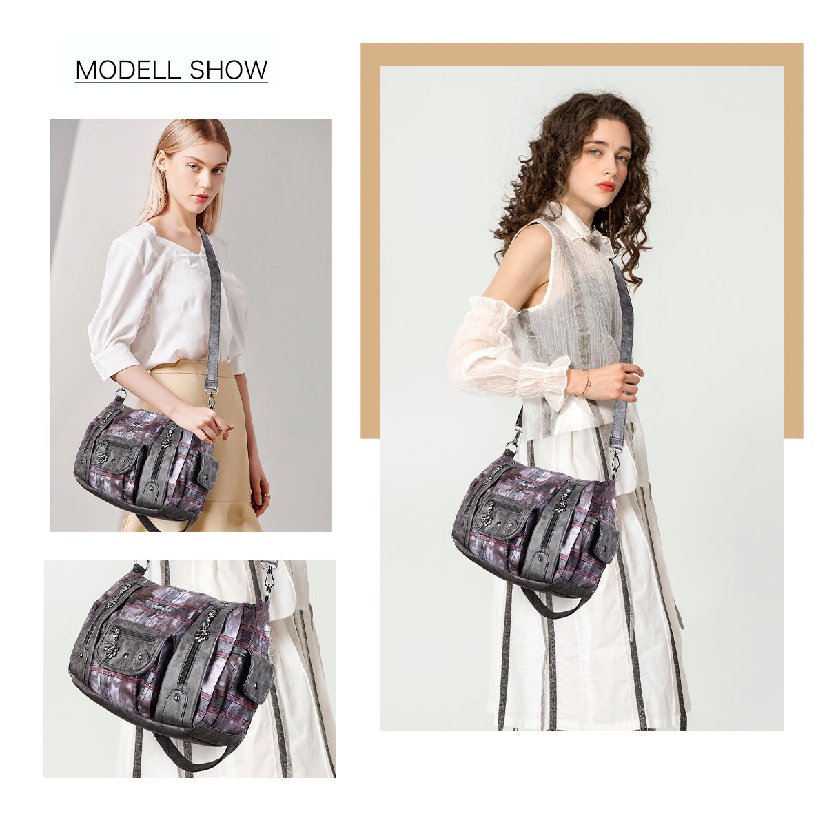 Plaid vintage wash PU leather women's shoulder bag tote bag-Angelkiss Bag