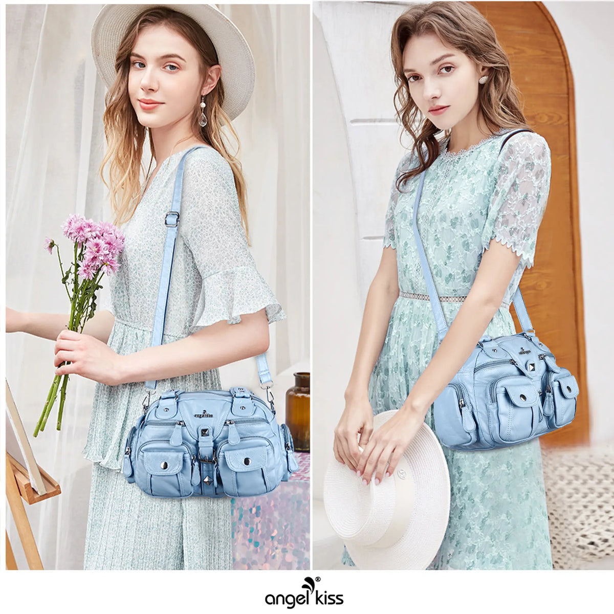 Biker-Style Multi-Pocket Shoulder Bag with Animal-Print Panels