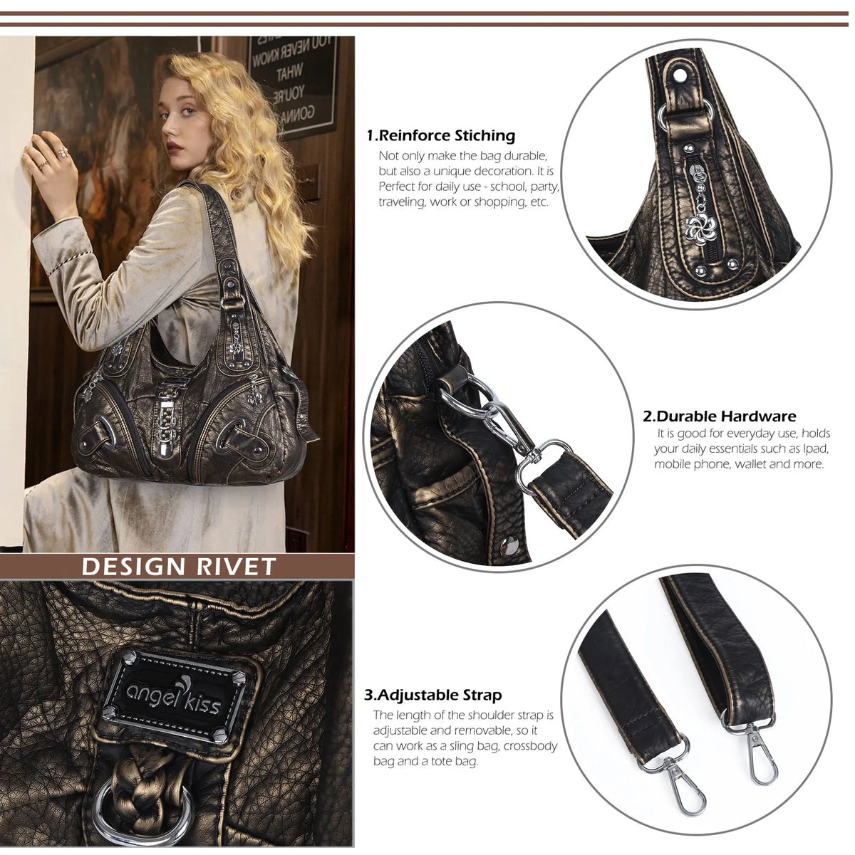 Vintage Y2K Solid-Colour Moto Multi-Pocket Hobo Shoulder Bag