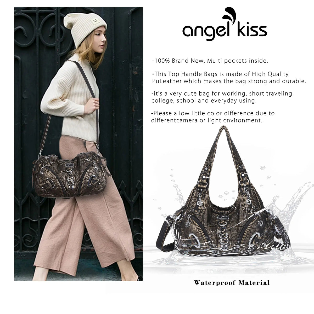 Vintage Y2K Solid-Colour Moto Multi-Pocket Hobo Shoulder Bag