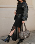 Leopard Patchwork Statement-Buckle Shoulder Bag