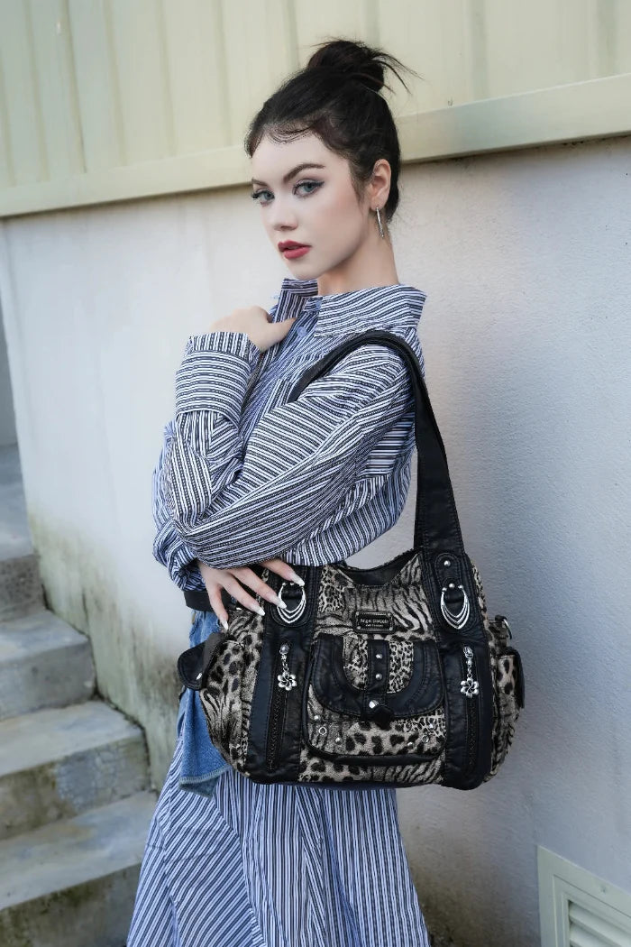 Leopard Rock-Chic Studded Hobo Shoulder Bag