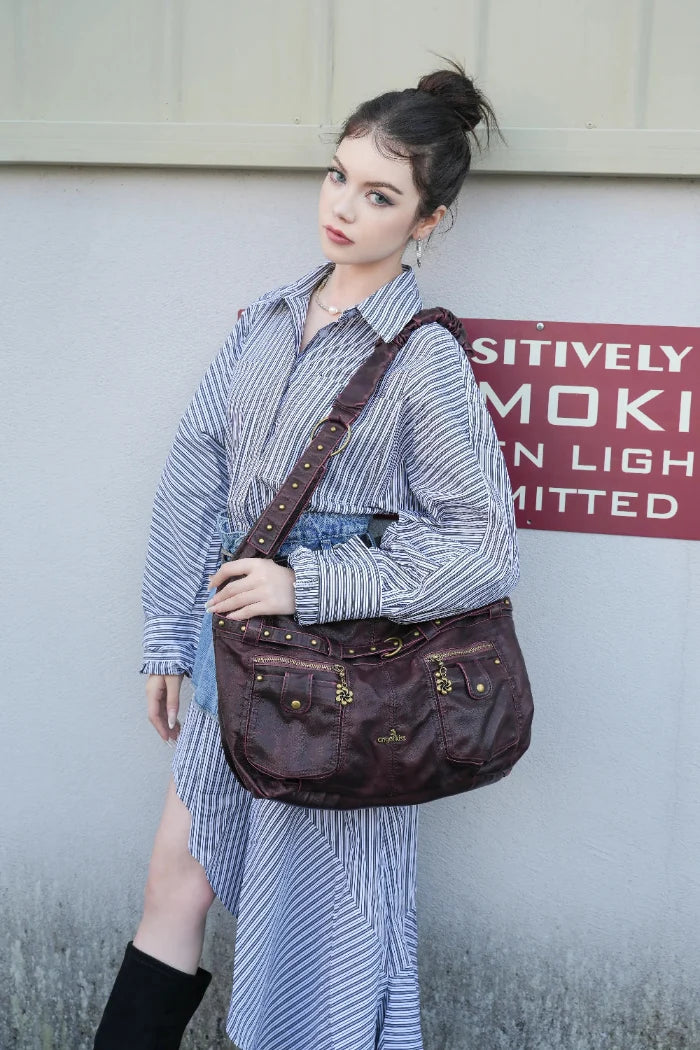 Large Studded Utility Hobo Shoulder Bag