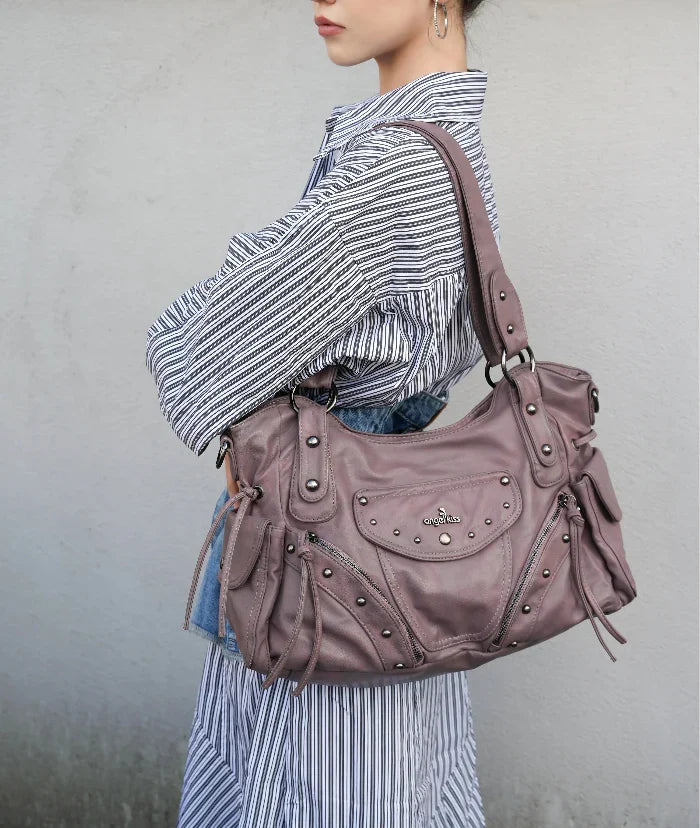 Washed Curved-Panel Slouchy Hobo Shoulder Bag