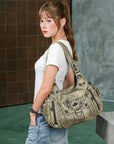 Vintage Multi-Pocket PU Shoulder Bag with Detachable Crossbody Strap