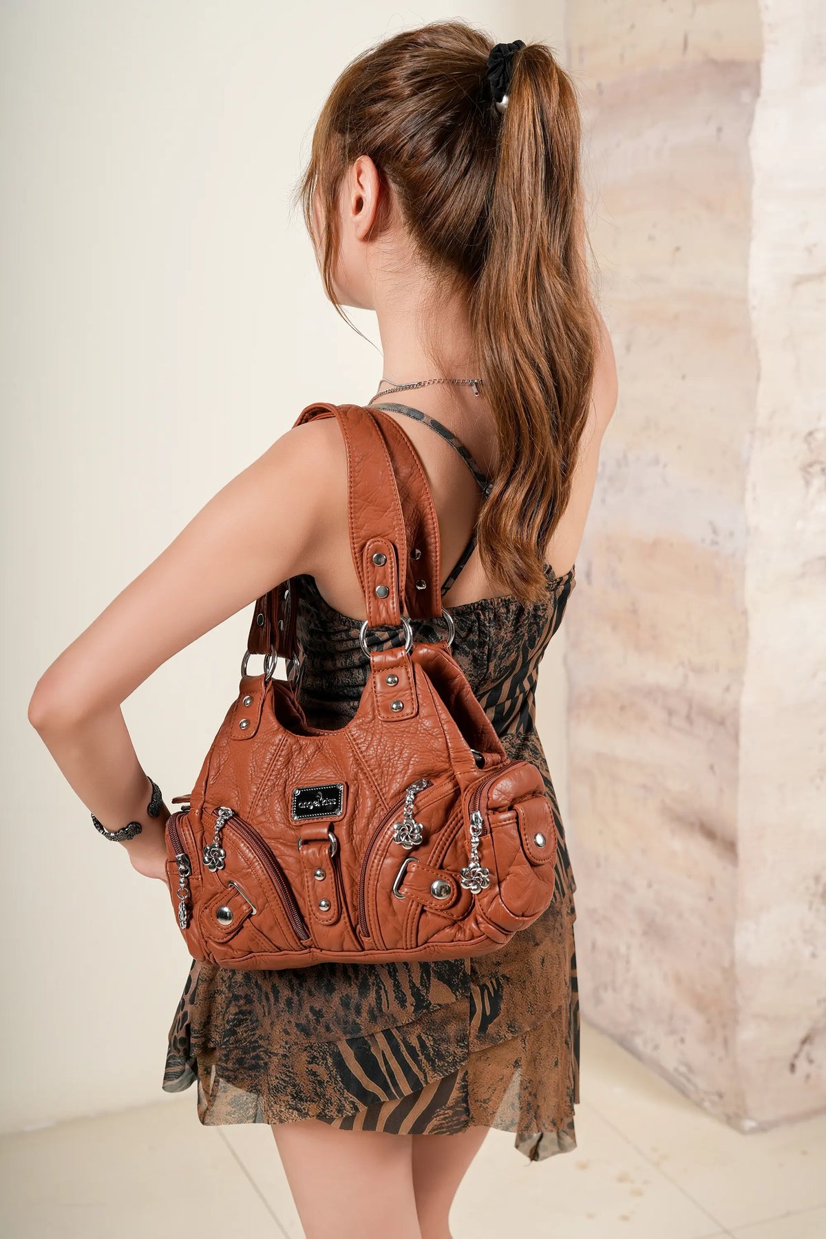 Moto-Style Zip-Detail Multi-Pocket Shoulder Bag