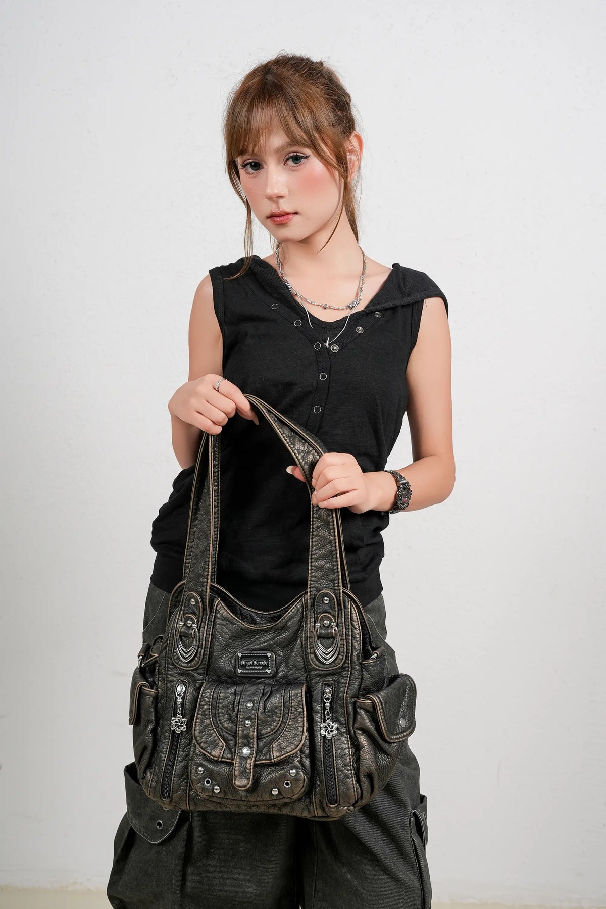 Soft-Structured Biker Shoulder Bag with Curved Panels