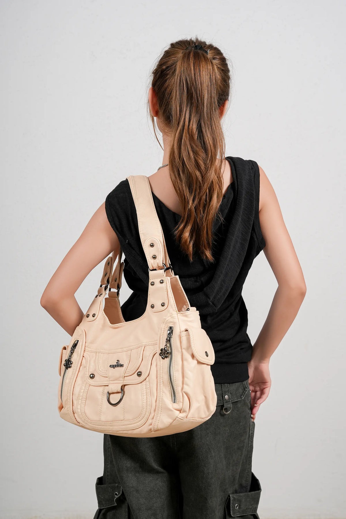 Vintage Multi-Pocket PU Shoulder Bag with Detachable Crossbody Strap
