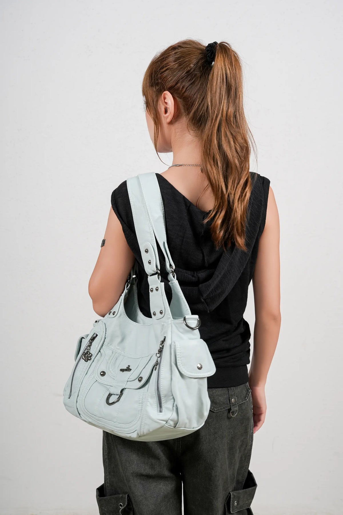 Vintage Multi-Pocket PU Shoulder Bag with Detachable Crossbody Strap