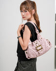 Buckle-Front Multi-Pocket Hobo Shoulder Bag