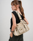 Washed Western Studded Shoulder Tote Bag with Lace-Up Detail